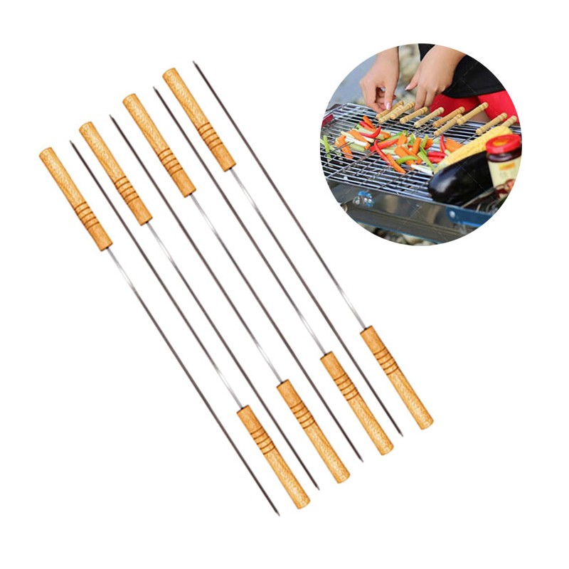 8 Spiedi in acciaio inox 38 cm manico in legno barbecue fornacetta carne verdura