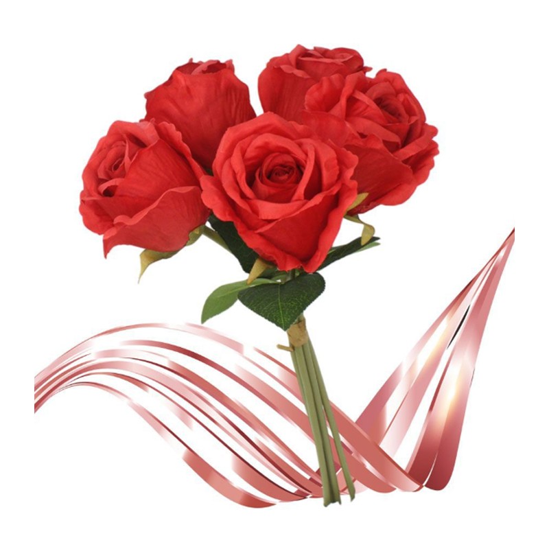 Bouquet Di Fiori 5 Rose rosse Artificiali mazzo Di Piante Finte Decorazione