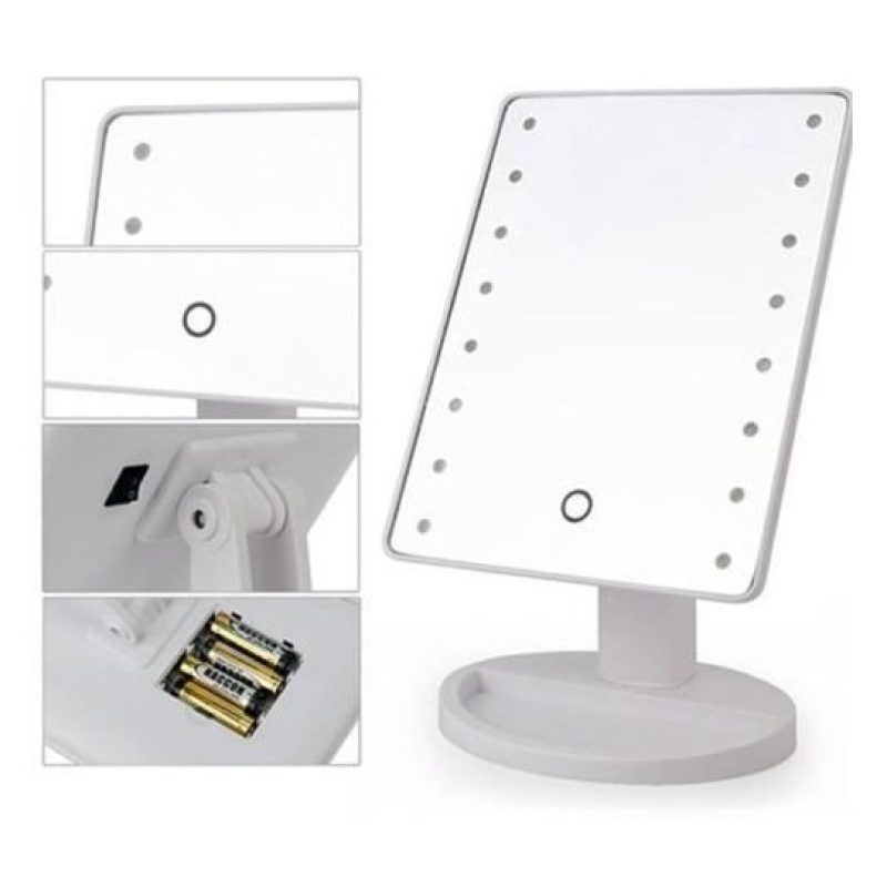 Specchio trucco illuminato con LED batteria rotante vano oggetti cosmetici touch