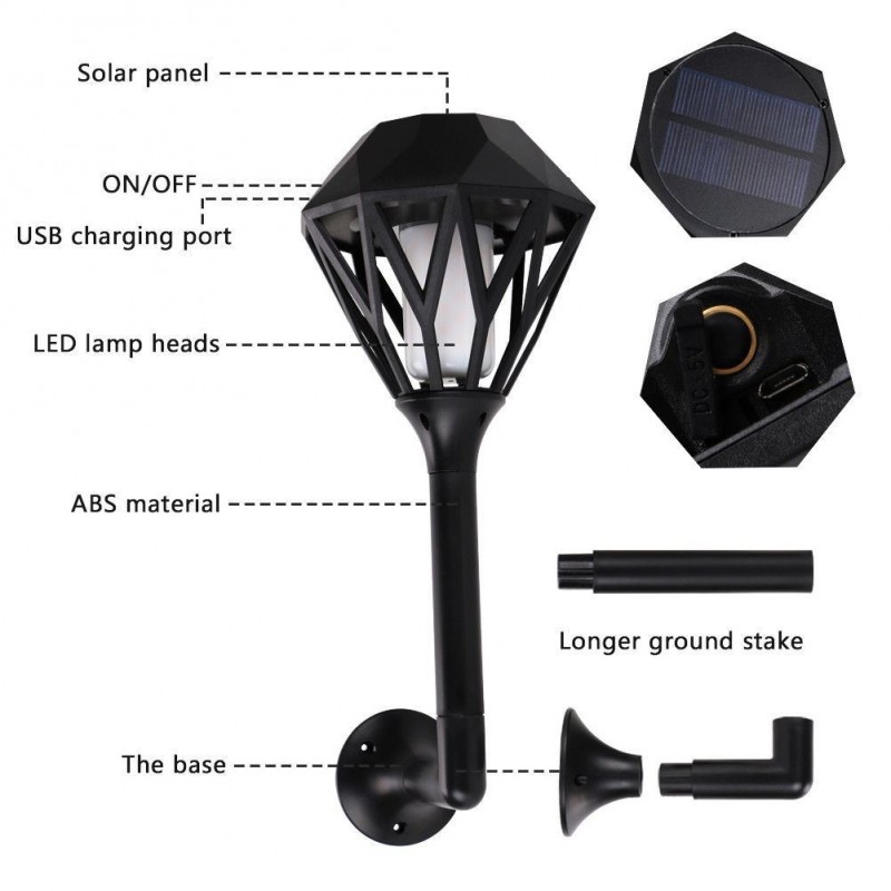 Lampada solare da esterno effetto fiaccola fiamma impermeabile vari montaggi