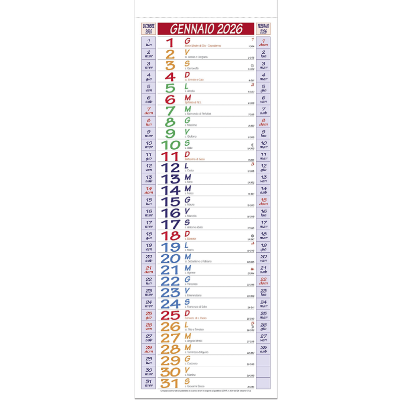 Generico Calendario muro Olandese lungo e stretto 2026 ufficio casa...