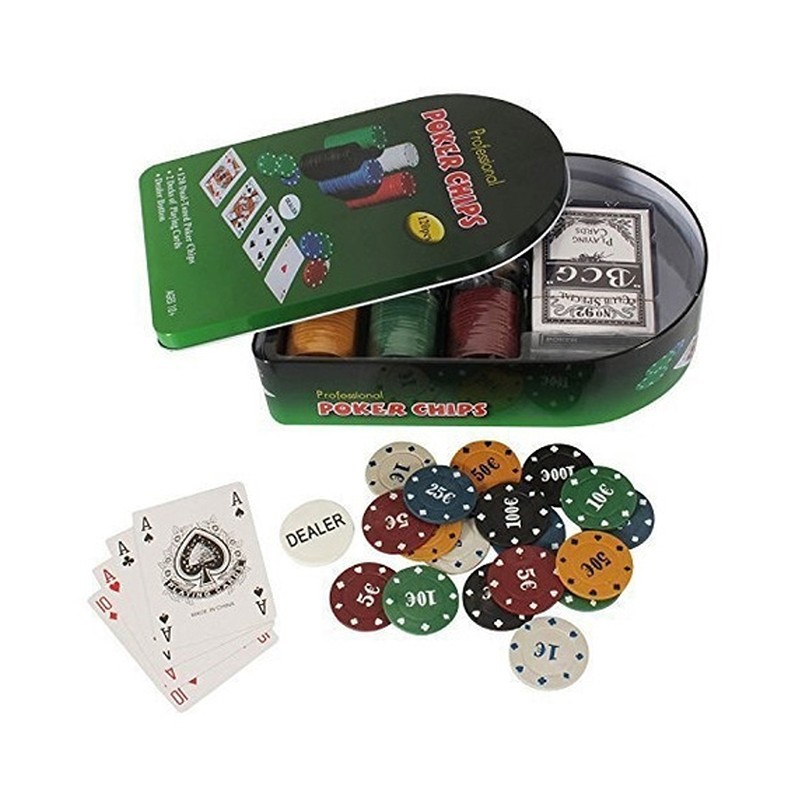 Poker texas hold'em set 2 mazzi carte 120 chips fiches panno verde bottone gioco