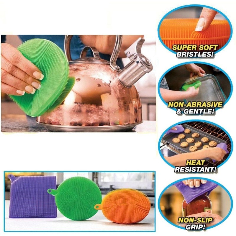 Set 3 Spugnette piatti stoviglie silicone salviette non abrasive antibatteriche