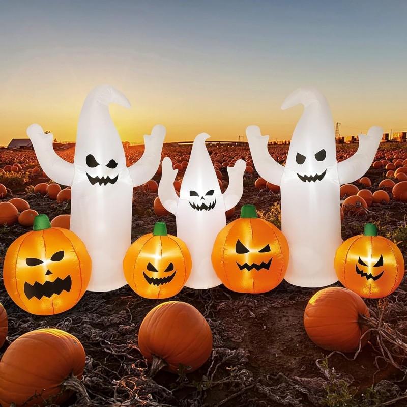 Set Zucche Gonfiabili Halloween 2.4 m con Pompa Decorazione LED e F...