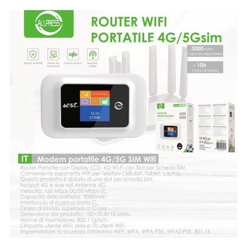 All Test Modem router WIFI portatile SIM 4G/5G 150 Mbps Mobile disp...