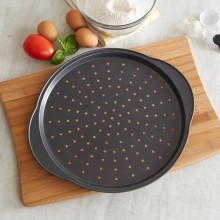 Teglia da forno acciaio antiaderente per pizza tonda 33cm forata con manici