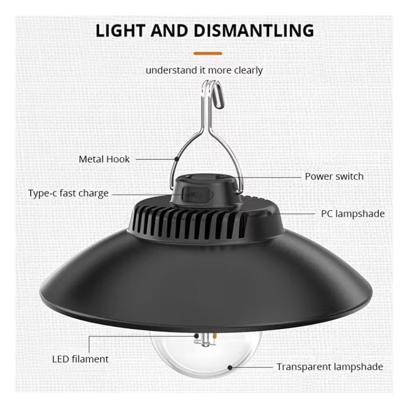 Lampada campeggio LED plafoniera ricaricabile luce calda 3000K Port...