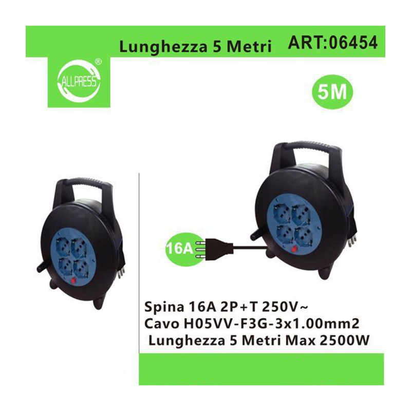 Prolunga Elettrica con Avvolgicavo 5-10 mt,4 Prese Polivalenti (Schuko + 10/16A)