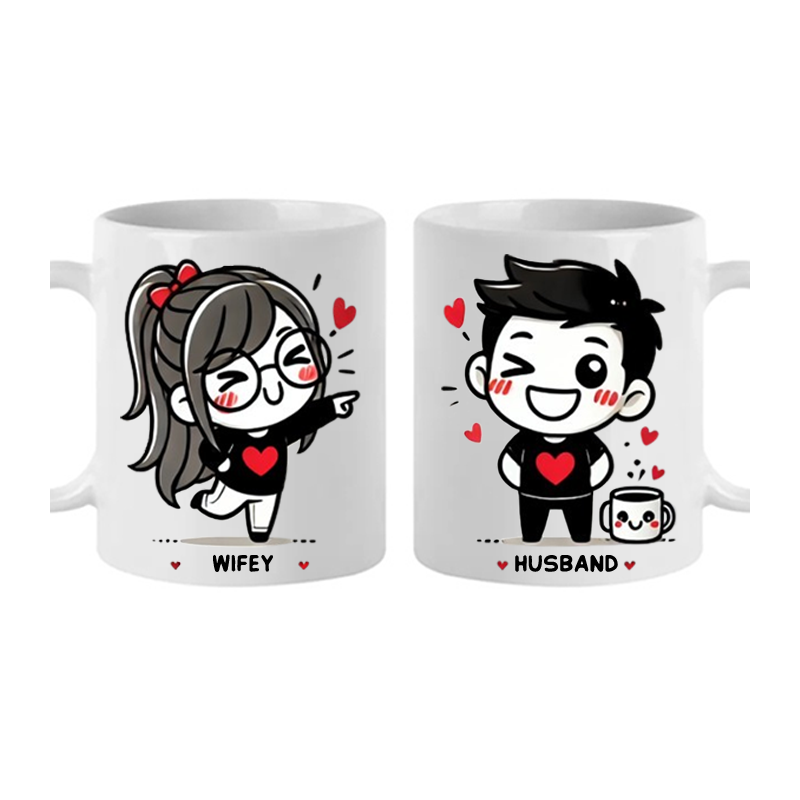 Coppia di Tazze in ceramica bianca Personalizzabili con nomi testo, stampa DTF, idea regalo San Valentino e occasioni speciali