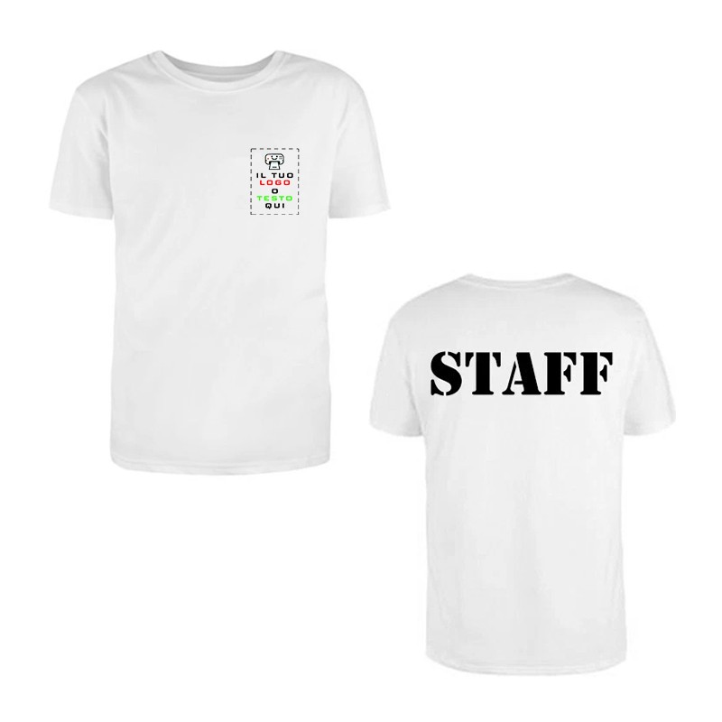 T-shirt STAFF personalizzata in cotone bianco 100% con nome o logo aziendale stampa DTF Made in Italy resistente