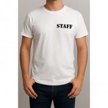 T-shirt STAFF personalizzata in cotone bianco 100% con nome o logo aziendale stampa DTF Made in Italy resistente