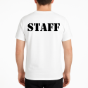 T-shirt STAFF personalizzata in cotone bianco 100% con nome o logo aziendale stampa DTF Made in Italy resistente