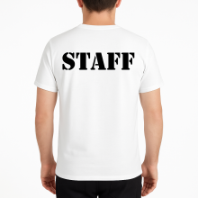 T-shirt STAFF personalizzata in cotone bianco 100% con nome o logo aziendale stampa DTF Made in Italy resistente