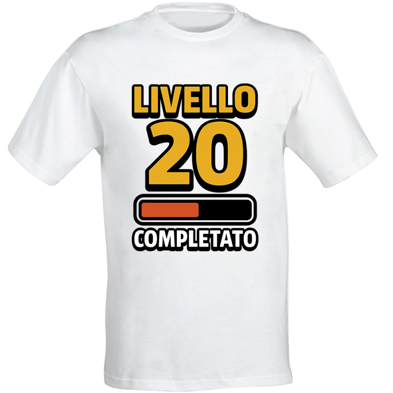 T-shirt compleanno 20 anni Livello 20 Completato in cotone bianco unisex regalo gamer originale divertente
