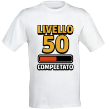 T-shirt compleanno 50 anni Livello 50 Completato in cotone bianco unisex regalo gamer originale divertente