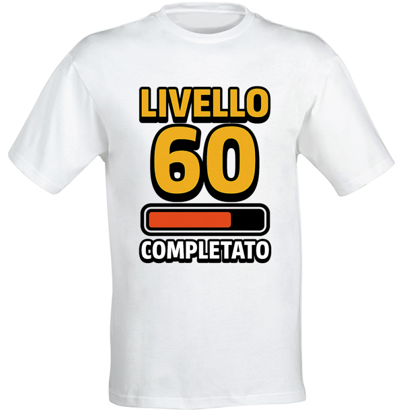T-shirt compleanno 60 anni Livello 60 Completato in cotone bianco unisex regalo gamer originale divertente