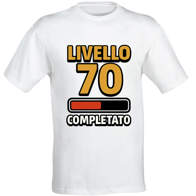 T-shirt compleanno 70 anni Livello 70 Completato in cotone bianco unisex regalo gamer originale divertente