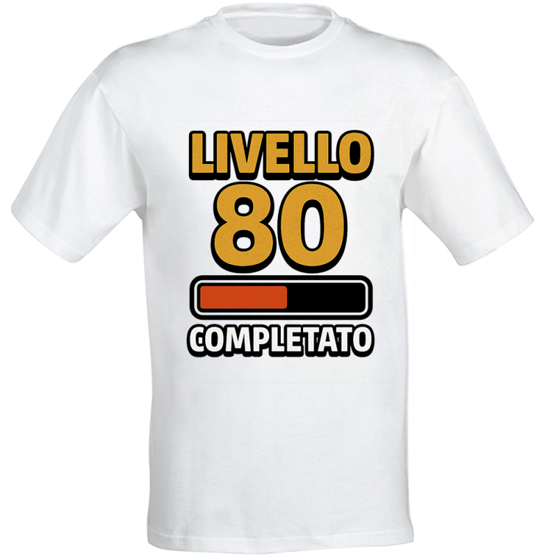 T-shirt compleanno 80 anni Livello 80 Completato in cotone bianco unisex regalo originale stile gamer divertente