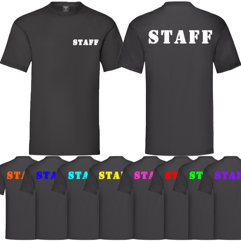 T-shirt STAFF personalizzabile in cotone nero con stampa DTF resistente, per lavoro e attività, Made in Italy