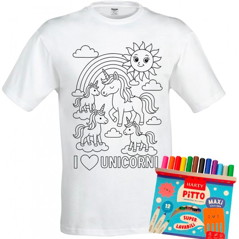 T-shirt da colorare Unicorni Magici per bambini con 12 pennarelli lavabili, 100% cotone, regalo creativo