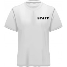 T-shirt STAFF personalizzabile in cotone bianco 100% con stampa DTF fronte e retro,unisex, Made in Italy