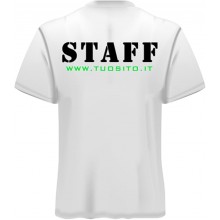 T-shirt STAFF personalizzabile in cotone bianco 100% con stampa DTF fronte e retro,unisex, Made in Italy