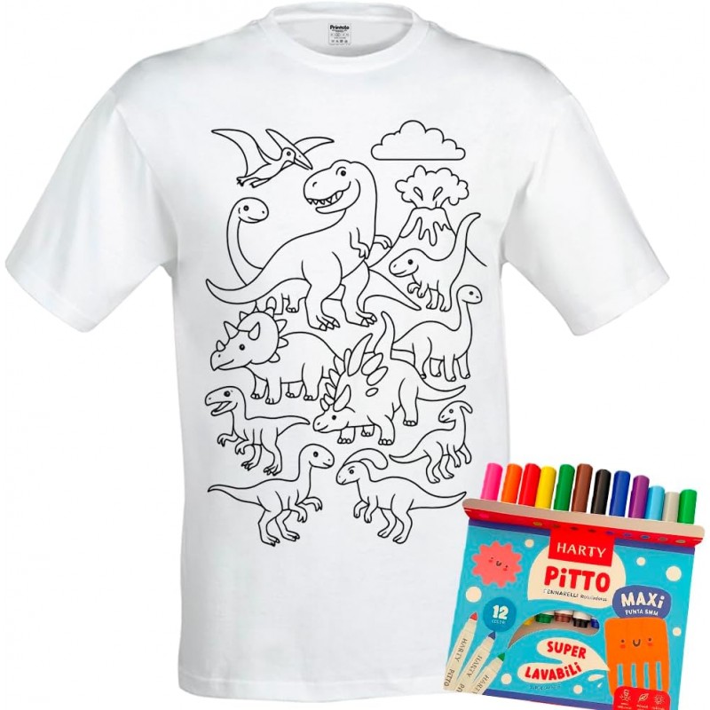 T-shirt da colorare Dinosauri Fantastici per bambini con 12 pennarelli lavabili, 100% cotone, regalo creativo