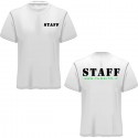 T-shirt STAFF personalizzabile in cotone bianco 100% con stampa DTF fronte e retro,unisex, Made in Italy
