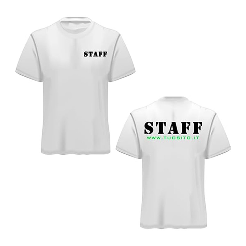 T-shirt STAFF personalizzabile in cotone bianco 100% con stampa DTF fronte e retro,unisex, Made in Italy