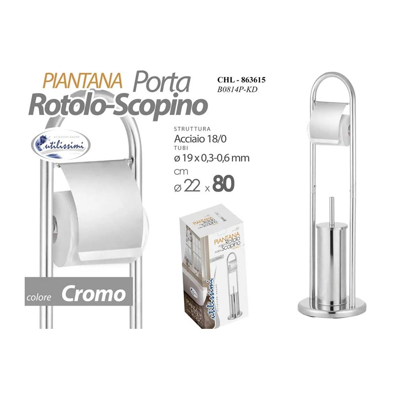 Piantana Bagno Portarotolo carta e Portascopino Acciaio da Terra WC Altezza 80cm