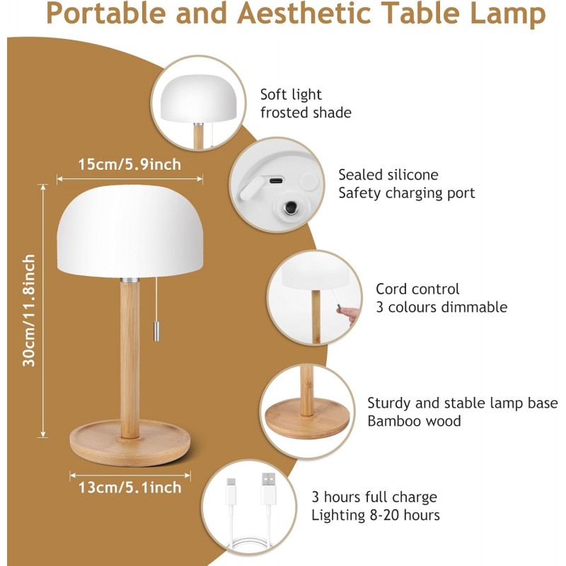 Generico Lampada da tavolo ricaricabile USB dimmerabile in bambù de...