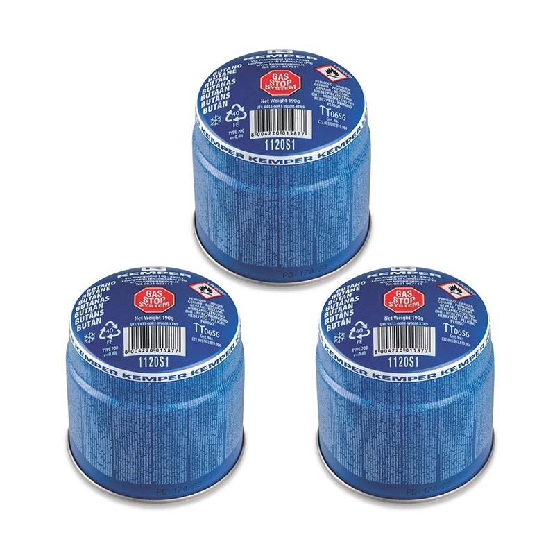 3 Cartucce Gas a Forare Kemper 1120S1 190g Butano per Campeggio Fornelli Stufe