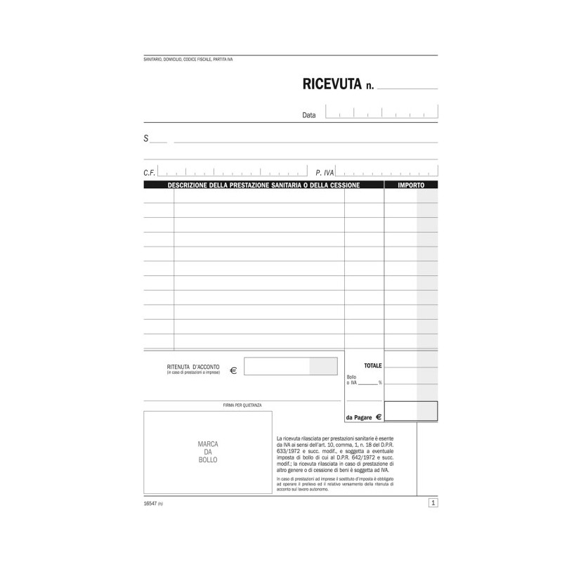 20 Blocco Ricevute sanitarie 50fg x 2 - formato A5 - cm 21,5x15 DU1...