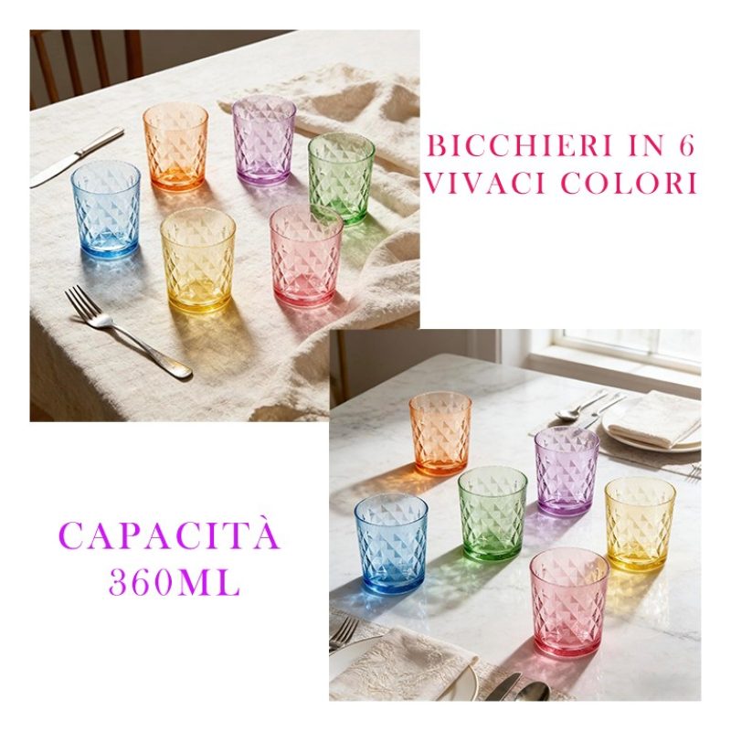 Set 6 bicchieri vetro colorato moderni acqua vino casa ristorante t...