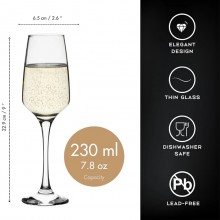 Set di 6 bicchieri flute calici in vetro trasparente da 23 cl champagne spumante