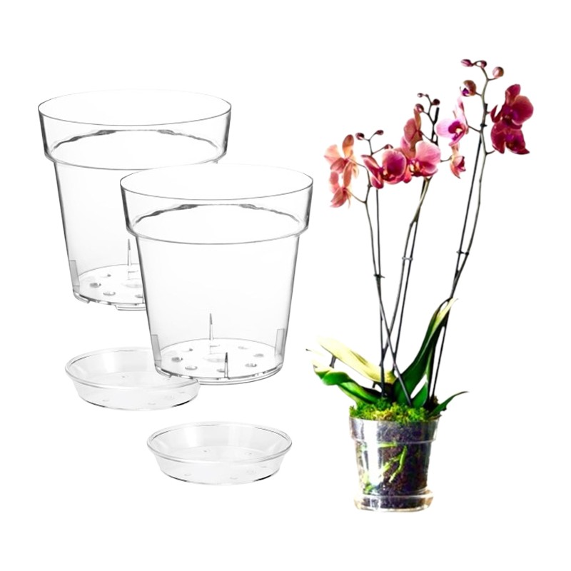 Kit 2 Vasi per Orchidee Kalapanta Trasparente in plastica forati e 2 Sottovasi