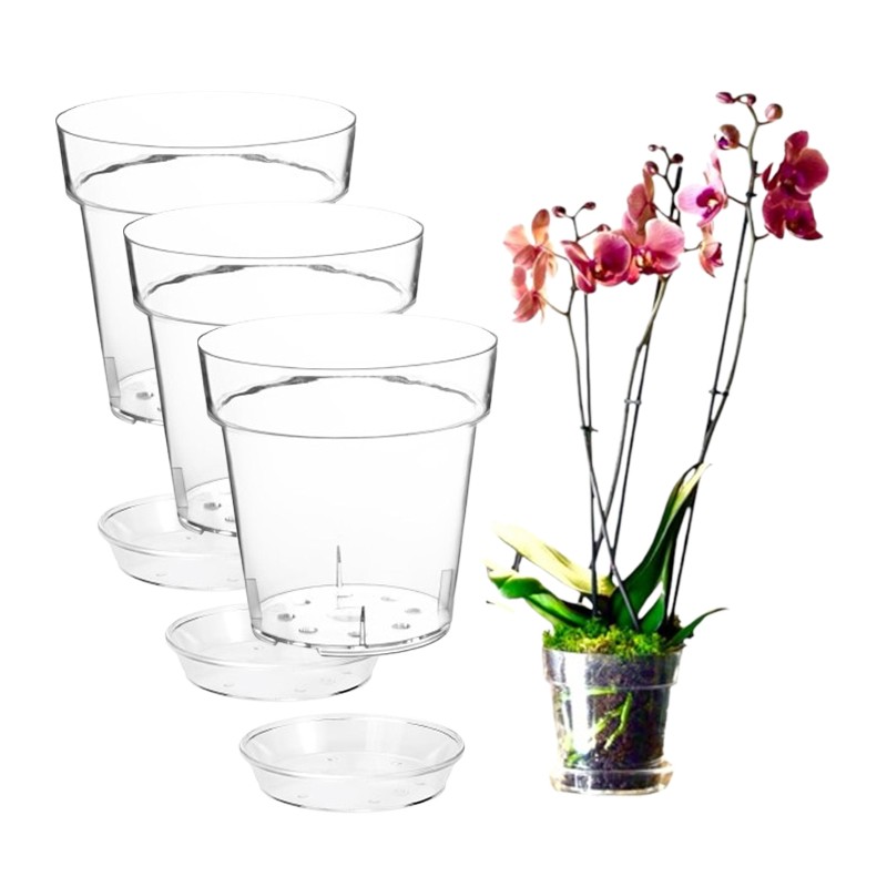 Kit 3 Vasi per Orchidee Kalapanta Trasparente in plastica forati e Sottovasi