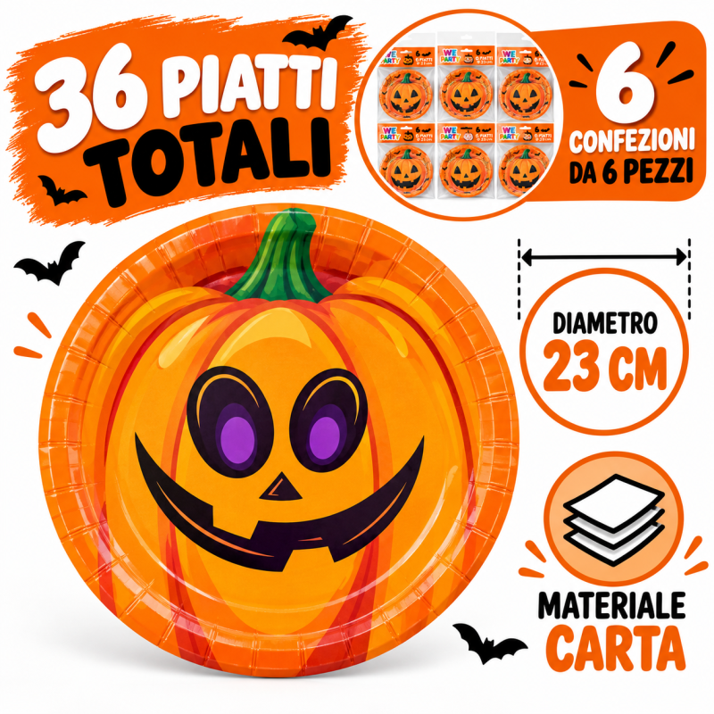 WE PARTY 36 Piatti per festa Halloween Zucca 23 cm 6 Confezioni da ...