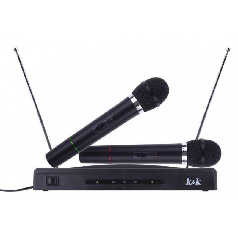 Coppia microfoni wireless a doppio canale con centralina VHF bicanale kit voce
