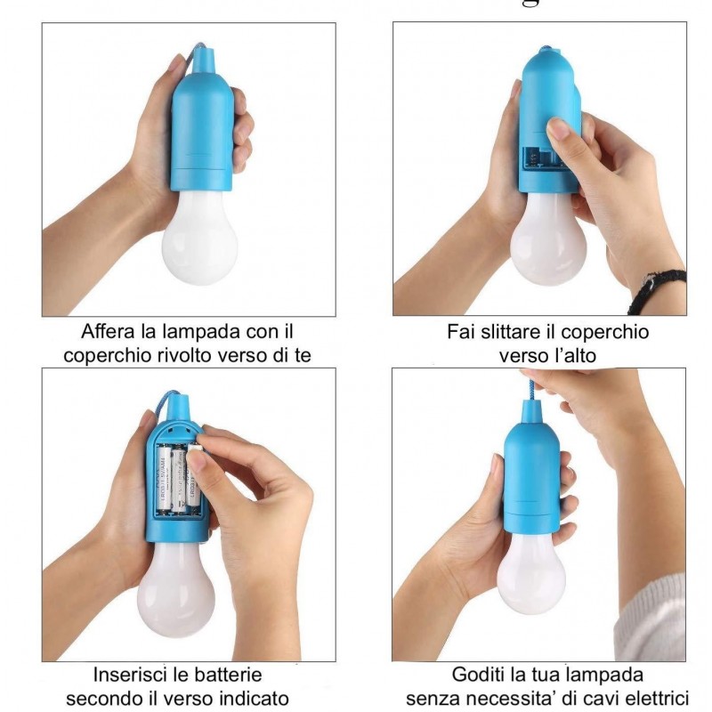Lampada lampadina a led portatile filo accensione no cavi batterie luce colorata