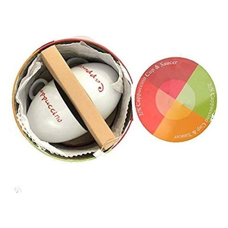Set colazione 2x tazze da cappuccino 2 piattini scatola latta quattro colori 