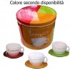 Set colazione 2x tazze da cappuccino 2 piattini scatola latta quattro colori 