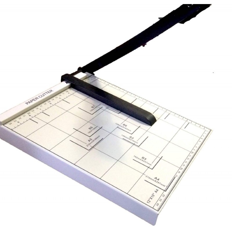 Taglierina a leva taglia carta fogli con formato massimo A4 ed inferiori ghigliottina in metallo con base di lavoro centimetrata